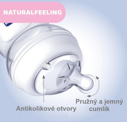 Chicco Naturalfeeling Skleněná láhev 150ml, se silikonovou savičkou, pomalý průtok 0+