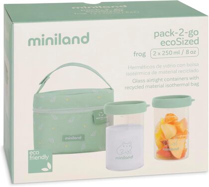 Miniland ECO-barát Üveg edények 2x250 ml hőszigetelt táskával, Béka