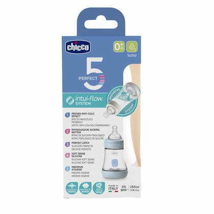 Chicco Perfect 5, Dojčenská antikoliková fľaša, 150ml, modrá, 0m+