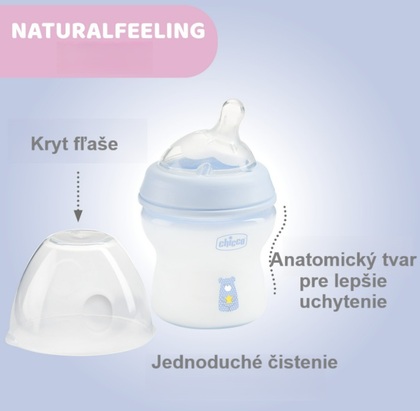 Chicco Naturalfeeling Plastová láhev 150ml, silikonová savička, pomalý průtok 0+, modrá