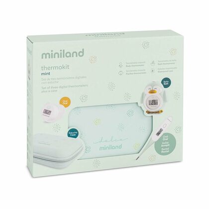 Miniland Dolce Set mit 3 Thermometern, Thermometer mit flexibler Spitze, für das Bad, Schnuller, min