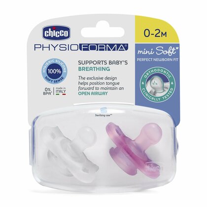 Chicco Physio Forma Mini Soft upokojujúce cumlíky, 2ks, ružová/transparentná, 0-2m