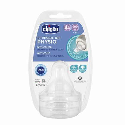 Chicco Physio, Náhradní dudlík na láhev Perfekt 5, rychlý průtok 4m +, 2ks