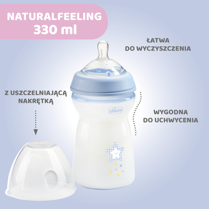 Chicco Naturalfeeling Plastová láhev 330ml, silikonová savička, rychlý průtok 6+, modrá