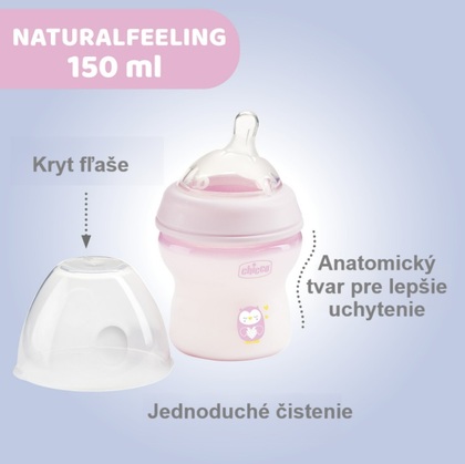 Chicco Naturalfeeling Plastová láhev 150ml, silikonová savička, střední průtok 0+, růžová