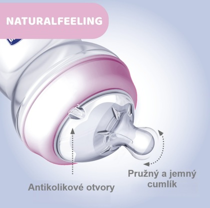 Chicco Naturalfeeling Plastová láhev 150ml, silikonová savička, střední průtok 0+, růžová