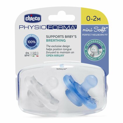 Chicco Physio Forma Mini Soft upokojujúce cumlíky, 2ks, modrá/transparentná, 0-2m