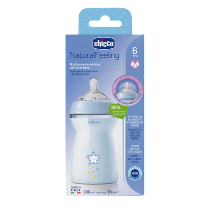 Chicco Naturalfeeling Plastová láhev 330ml, silikonová savička, rychlý průtok 6+, modrá