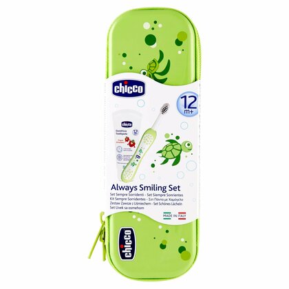 Chicco Set zubná kefka s púzdrom + pasta, od 12 m, zelená