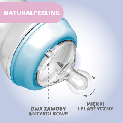 Chicco Naturalfeeling Plastová láhev 330ml, silikonová savička, rychlý průtok 6+, modrá