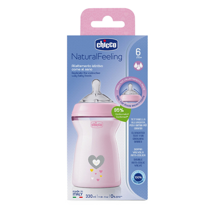 Chicco Naturalfeeling Plastová láhev 330ml, silikonová savička, rychlý průtok 6+, růžová