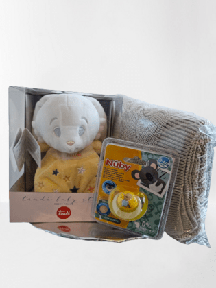 Babygift newborn set, Kojenecký set v dárkovém balení, deka, mazlíček, dudlík, oliv/žlutá