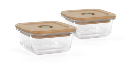 Miniland ECO-friendly Sklenené štvorcové nádoby 2x210 ml s izotermickou taškou, Žabka