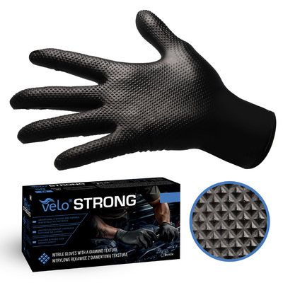 VELO STRONG GRIP Pevné nitrilové pracovné rukavice s pevným úchopom, veľ. M, čierne, 50ks