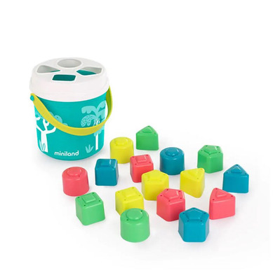 Miniland Vedierko s blokmi na triedenie tvarov, tyrkysové