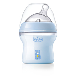 Chicco Naturalfeeling Plastová fľaša 150ml, silikónový cumel, pomalý prietok 0+, modrá