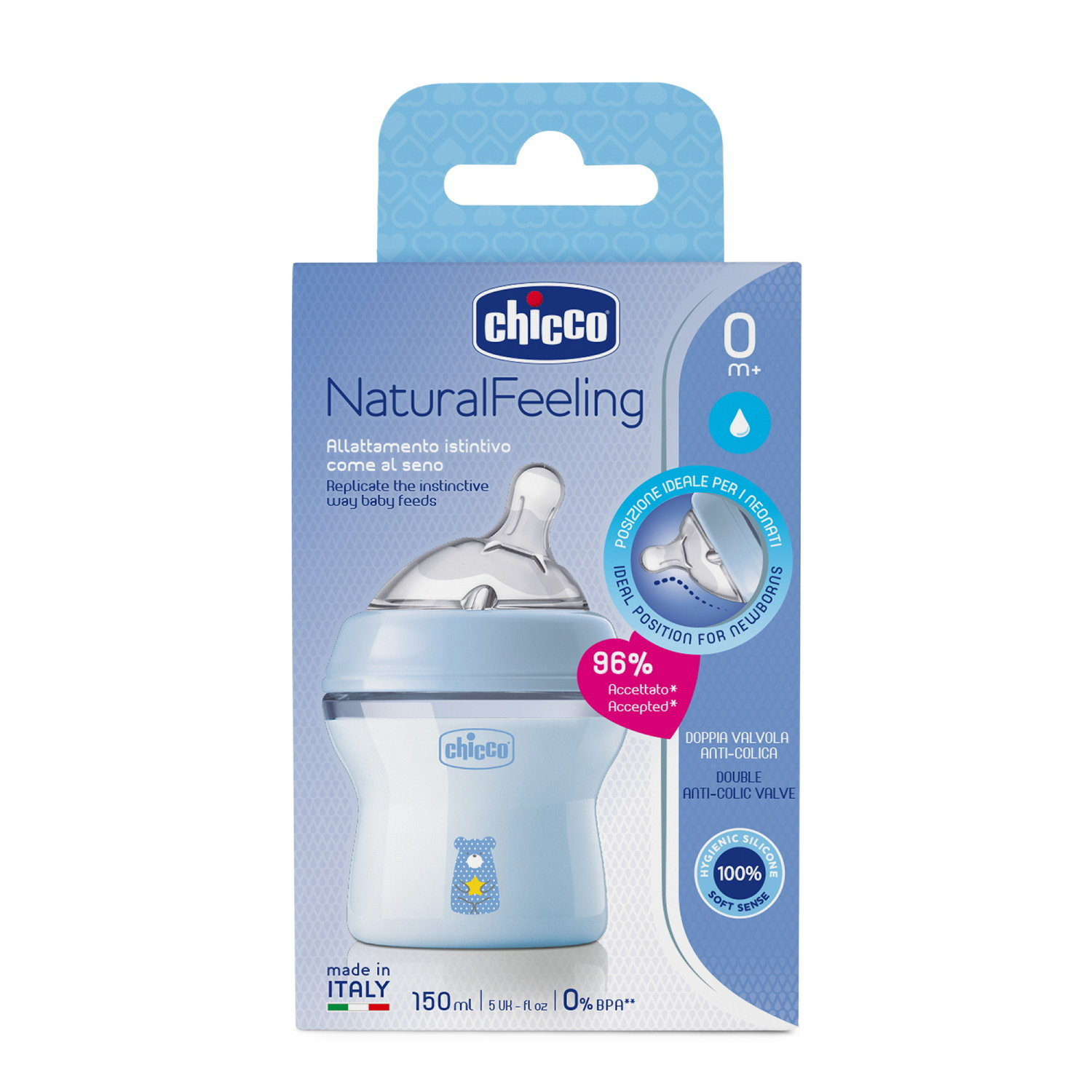 Chicco Naturalfeeling Plastová fľaša 150ml, silikónový cumel, pomalý prietok 0+, modrá