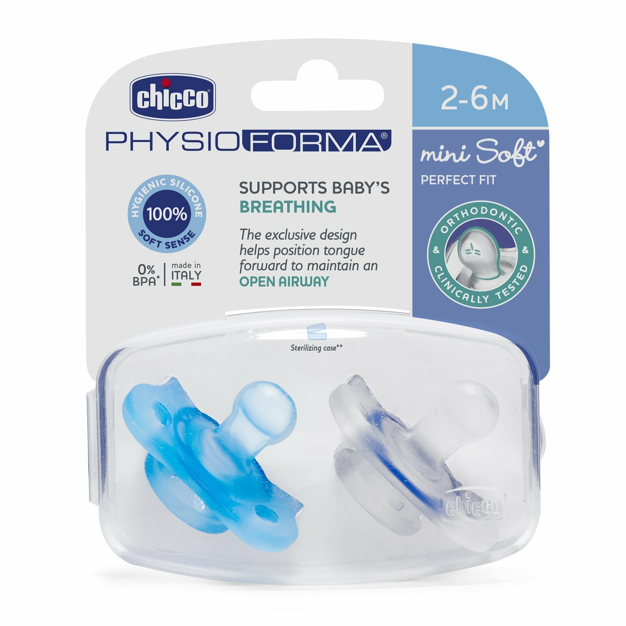 Chicco Physio Forma Mini Soft upokojujúce cumlíky, 2ks, modrá/transparentná, 2-6m