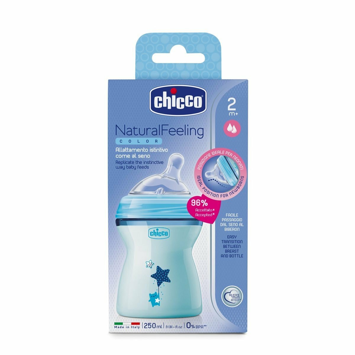 Chicco Natural Feeling detská dojčenská fľaša modrá 250ml, od 2m+