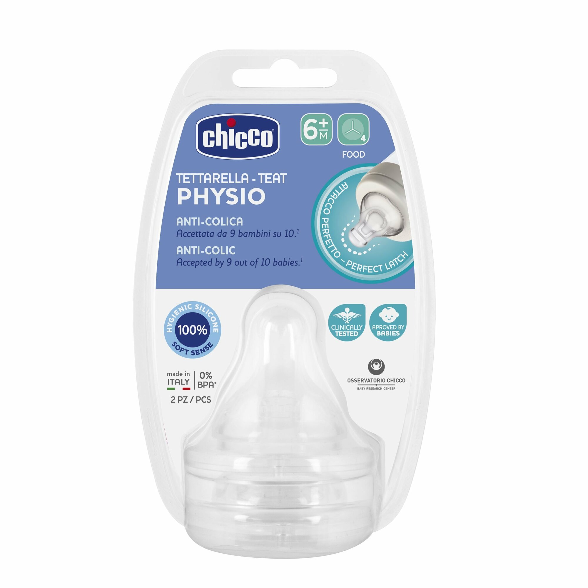 Chicco Physio, Náhradný cumlík na fľašu Perfekt 5, na kašu 6m+, 2ks
