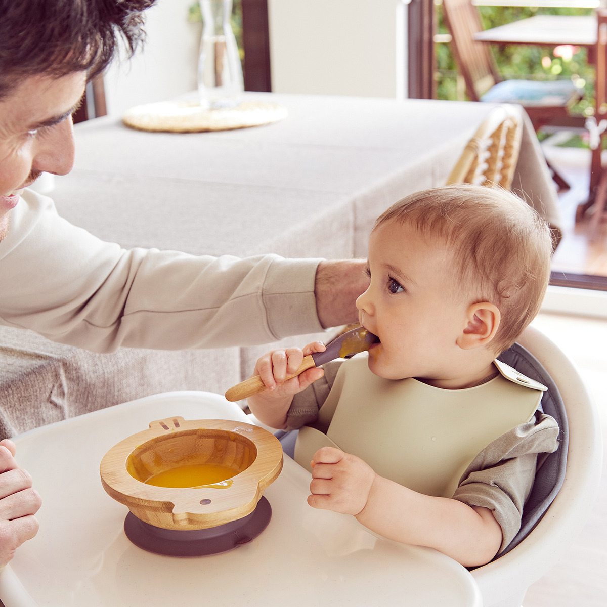 Miniland ECO-frienly Miska s lyžičkou z dreva,  Žabka