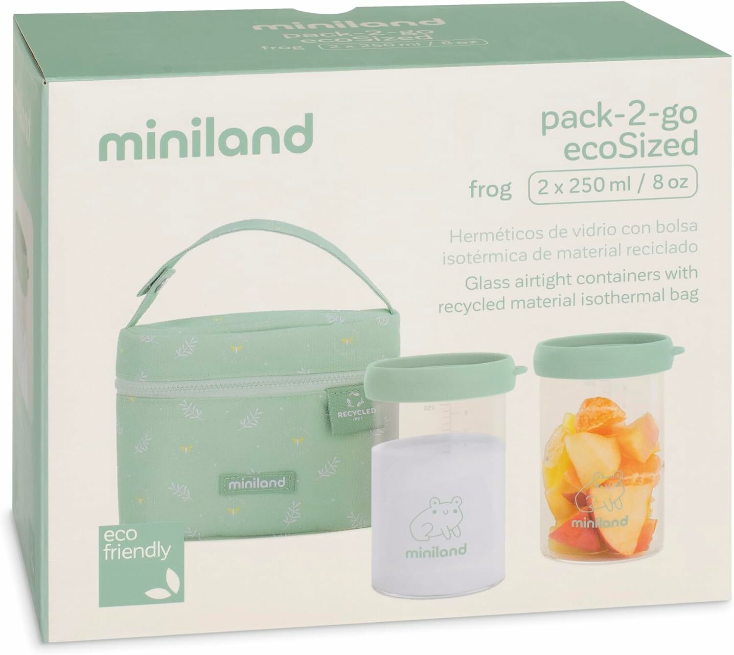 Miniland ECO-friendly Sklenené nádoby 2x250 ml s izotermickou taškou, Žabka