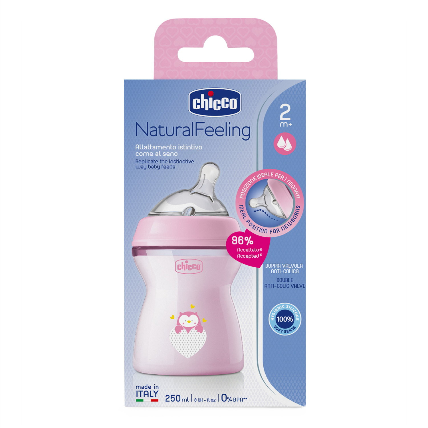 Chicco Naturalfeeling Plastová fľaša 250ml, silikónový cumel, stredný prietok 2+, ružová