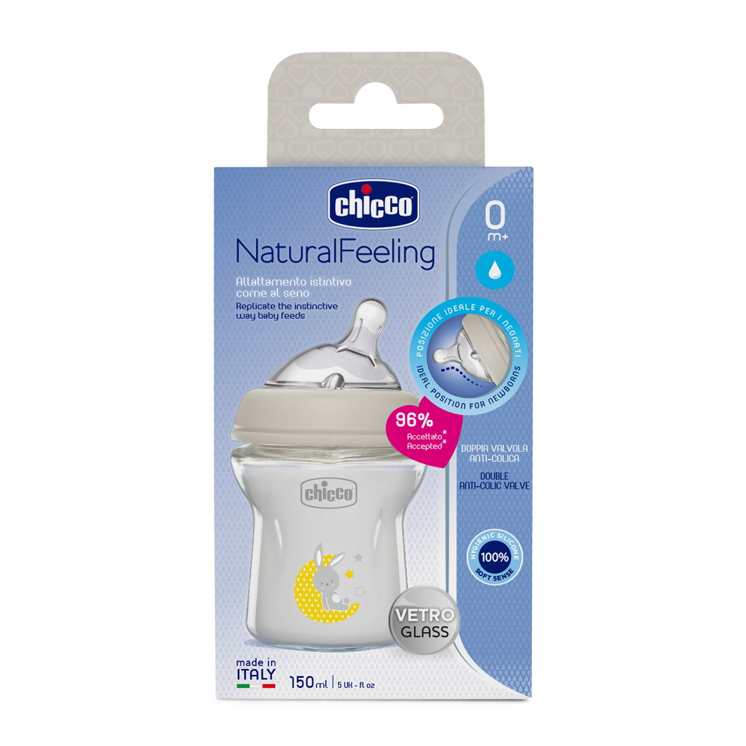 Chicco Naturalfeeling Sklenená fľaša 150ml, so silikónovým cumlíkom, pomalý prietok 0+