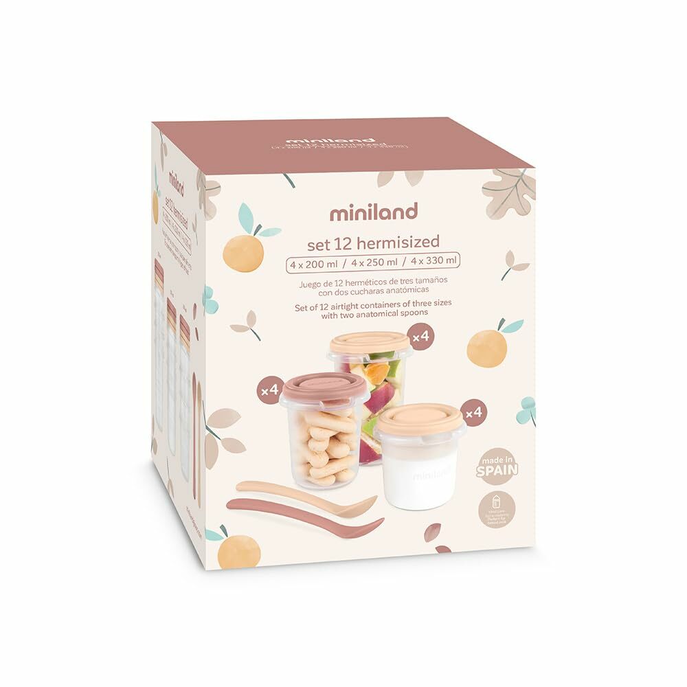 Miniland Valencia Hermeticky uzatvárateľné nádoby na potraviny s lyžičkami, 12x250 ml