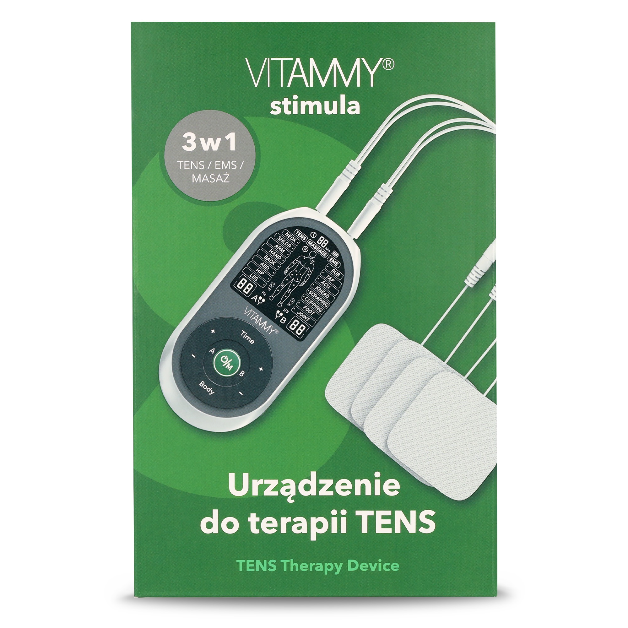 VITAMMY STIMULA Elektrostimulátor svalov, terapia TENS EMS a masáž 3 v 1 + 4 elektródy