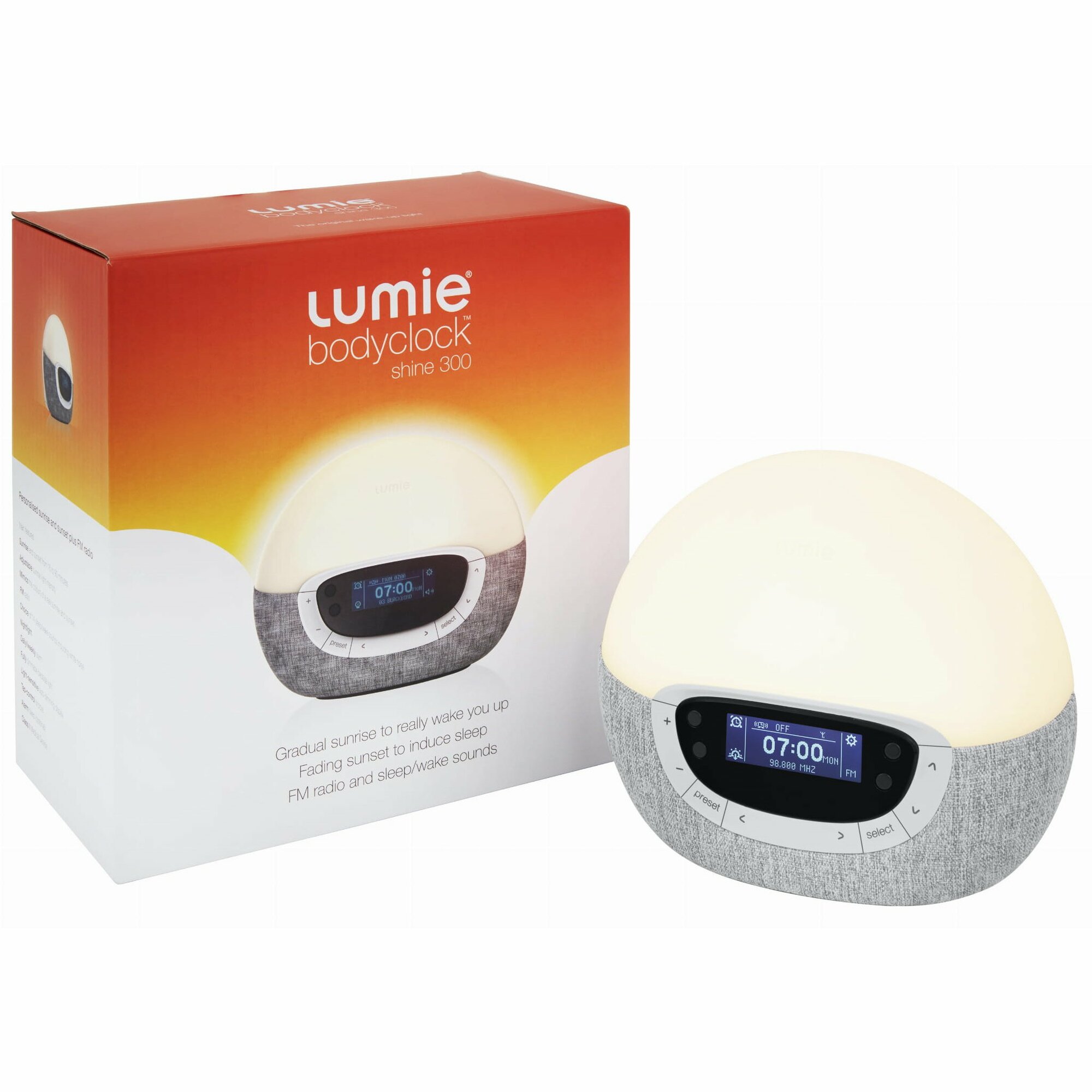 LUMIE Bodylock Shine 300 LED  Budík, rádio a nočná lampa 3 v 1