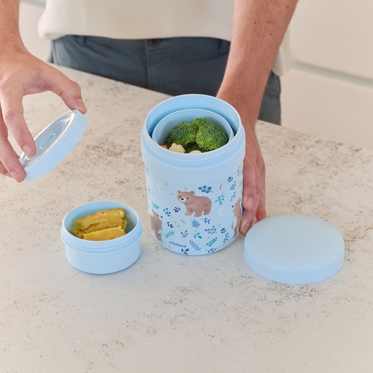 Miniland Termoska na jedlo s 2 hermetickými nádobami Dreamland 700 ml – Medvedíky