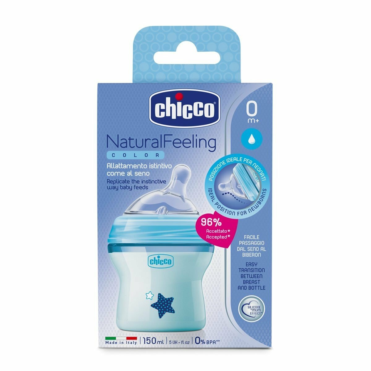 Chicco Natural Feeling detská dojčenská fľaša modrá 150ml, od 0m+