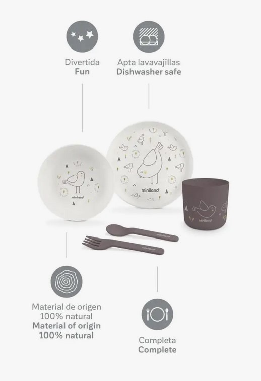 Miniland ECO-friendly Jedálenský set pre dieťa, 5-dielny, Vtáčik