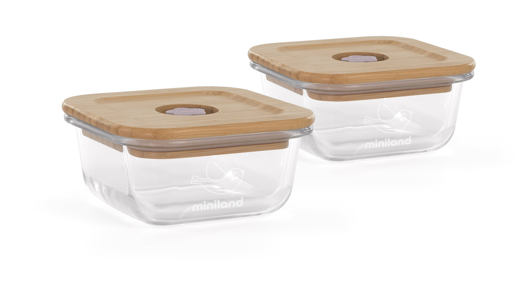 Miniland ECO-friendly Sklenené štvorcové nádoby 2x210 ml s izotermickou taškou, Vtáčik
