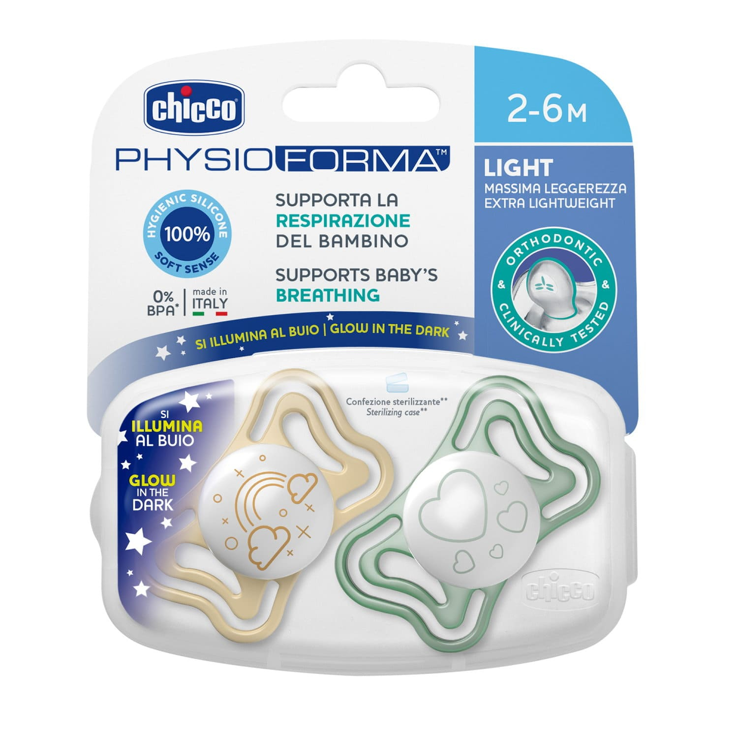 Chicco Physio Light, Lumi Ukľudňujúci cumlík 2-6m, svietiaci v tme, 2ks
