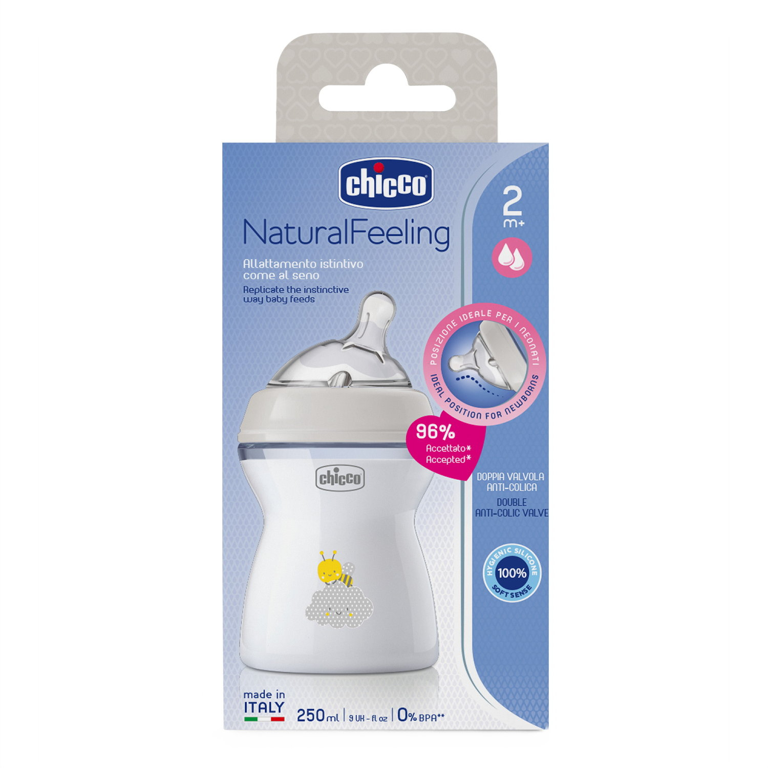 Chicco Naturalfeeling Plastová fľaša 250ml, silikónový cumel, stredný prietok 2+
