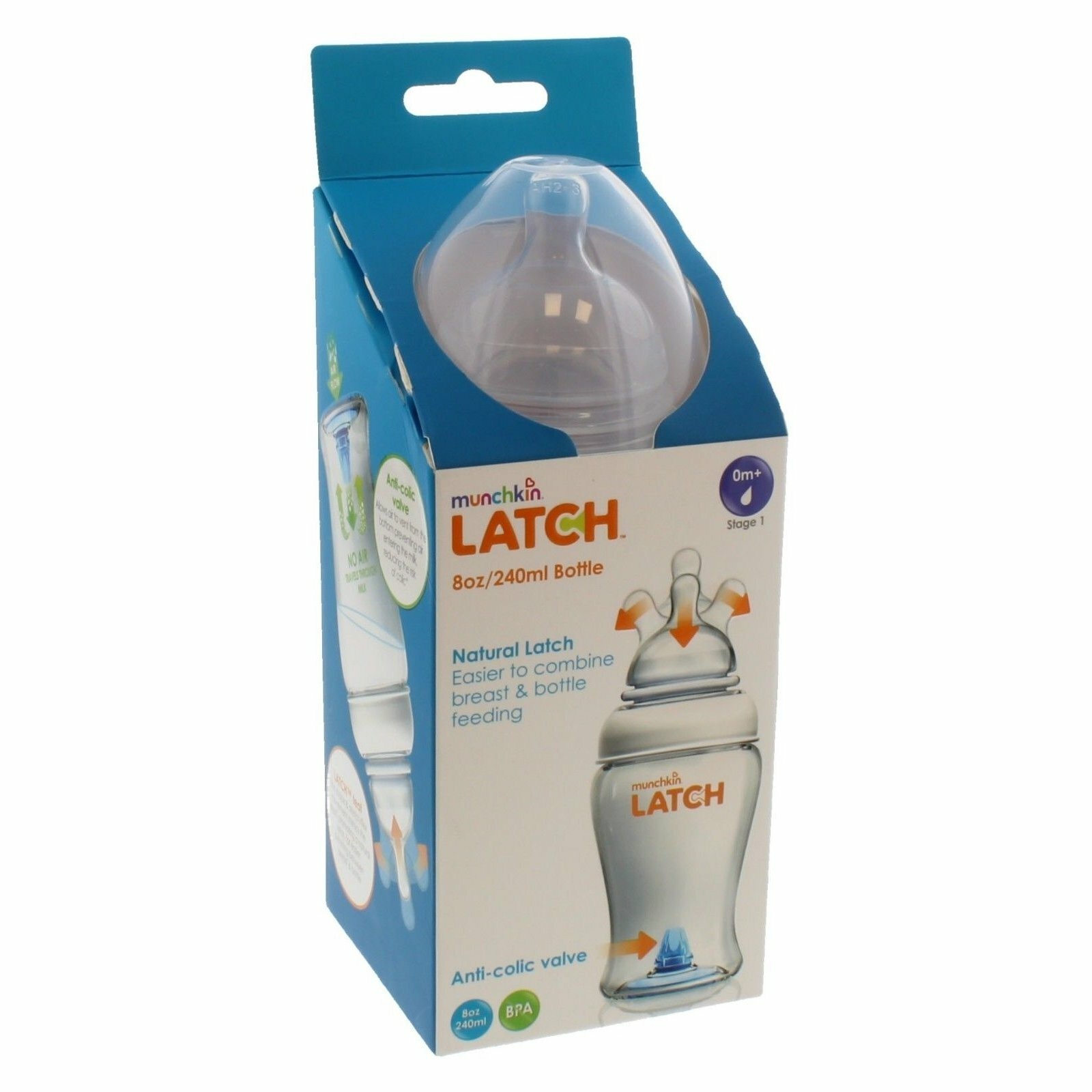 MUNCHKIN LATCH,  Dojčenská fľaša s cumlíkom a antikolikovým ventilom, 240ml, od 0m+