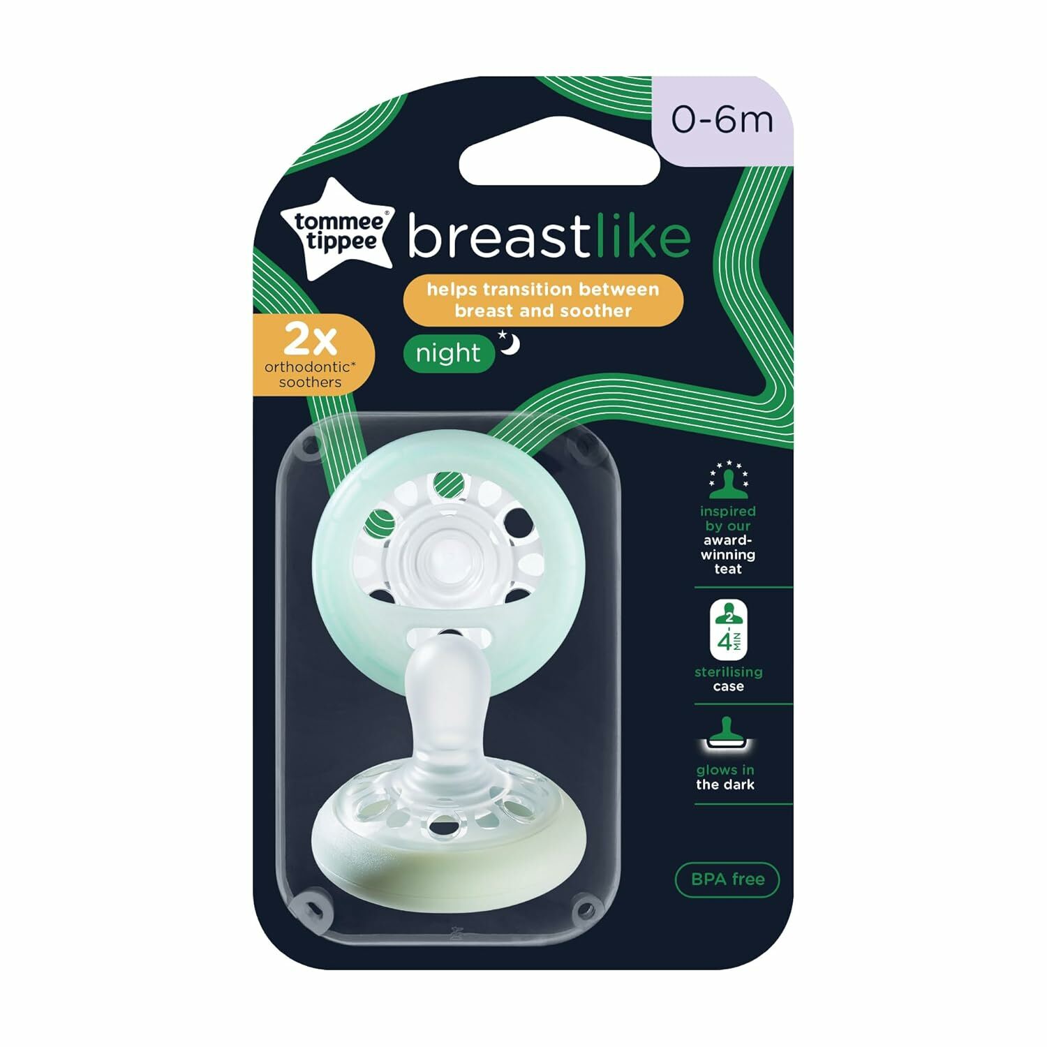 Tommee Tippee CTN Breast-like Night, Silikónový cumlík nočný, 0-6m, 2ks