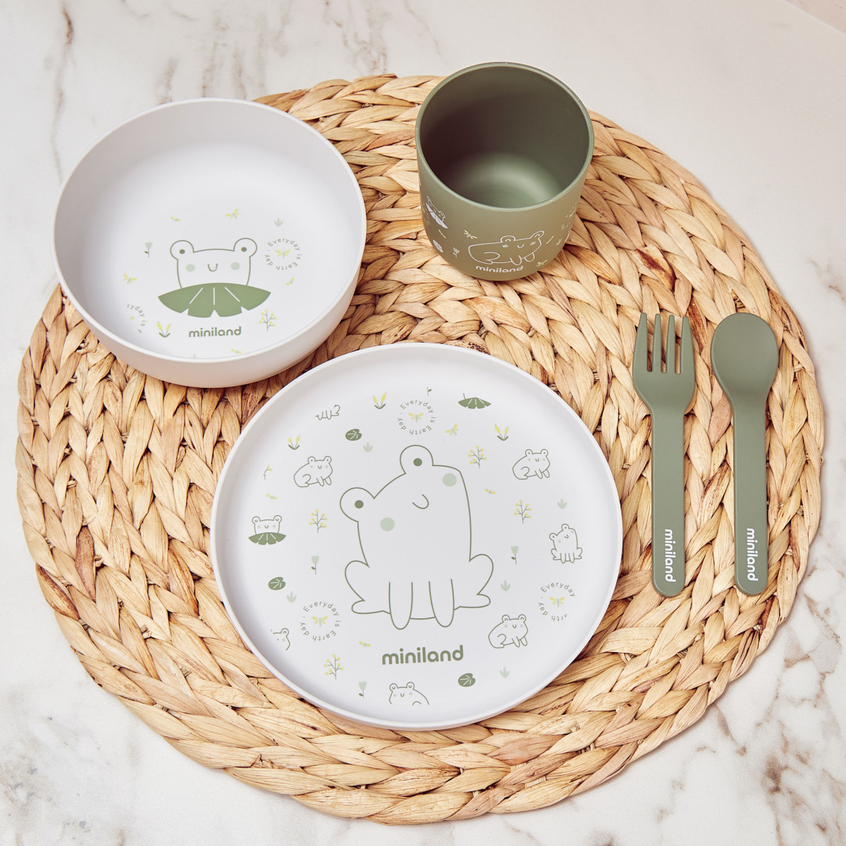 Miniland ECO-friendly Jedálenský set pre dieťa, 5-dielny, Žabka