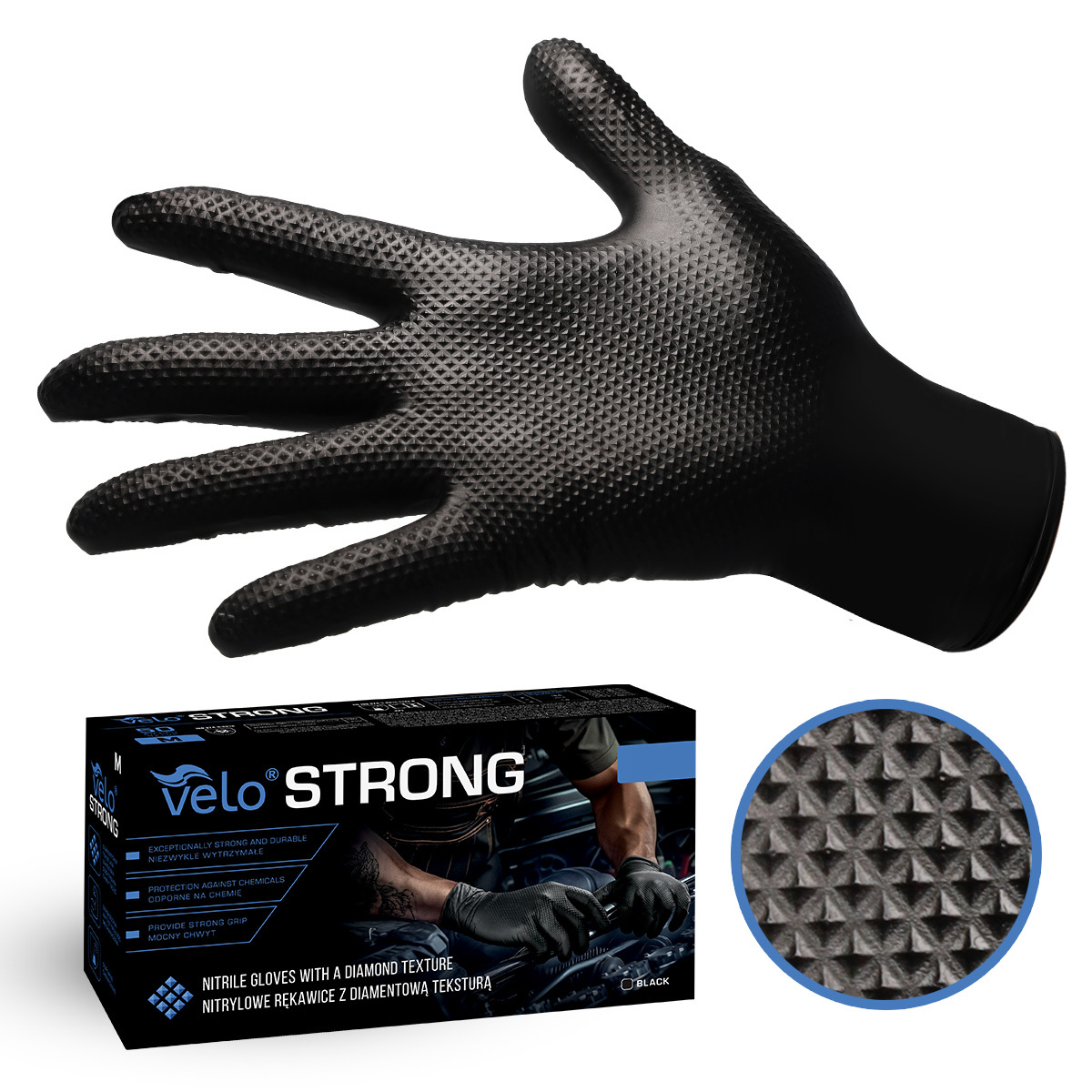 VELO STRONG GRIP Pevné nitrilové pracovné rukavice s pevným úchopom, veľ.XXL, čierne, 50ks