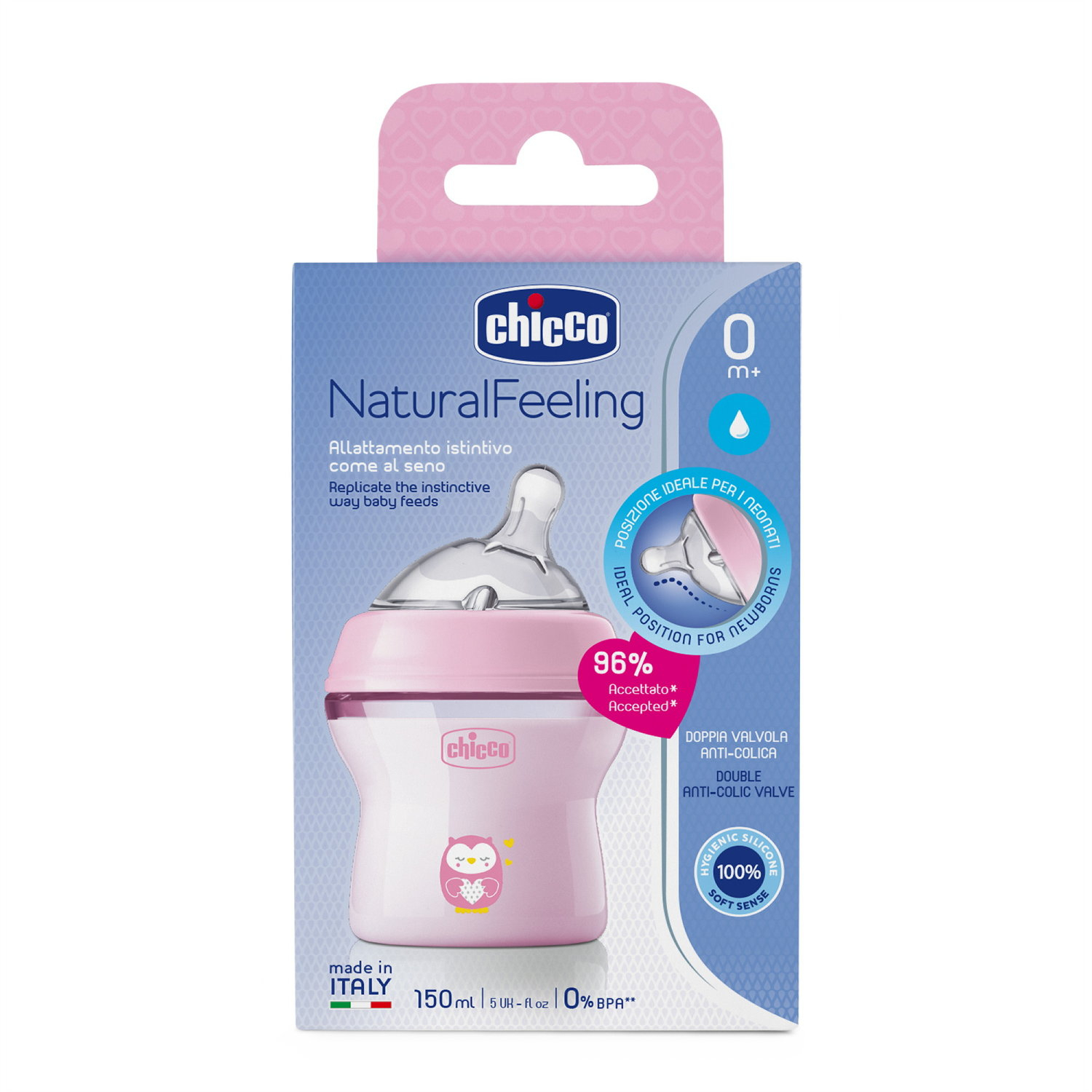 Chicco Naturalfeeling Plastová fľaša 150ml, silikónový cumel, stredný prietok 0+, ružová