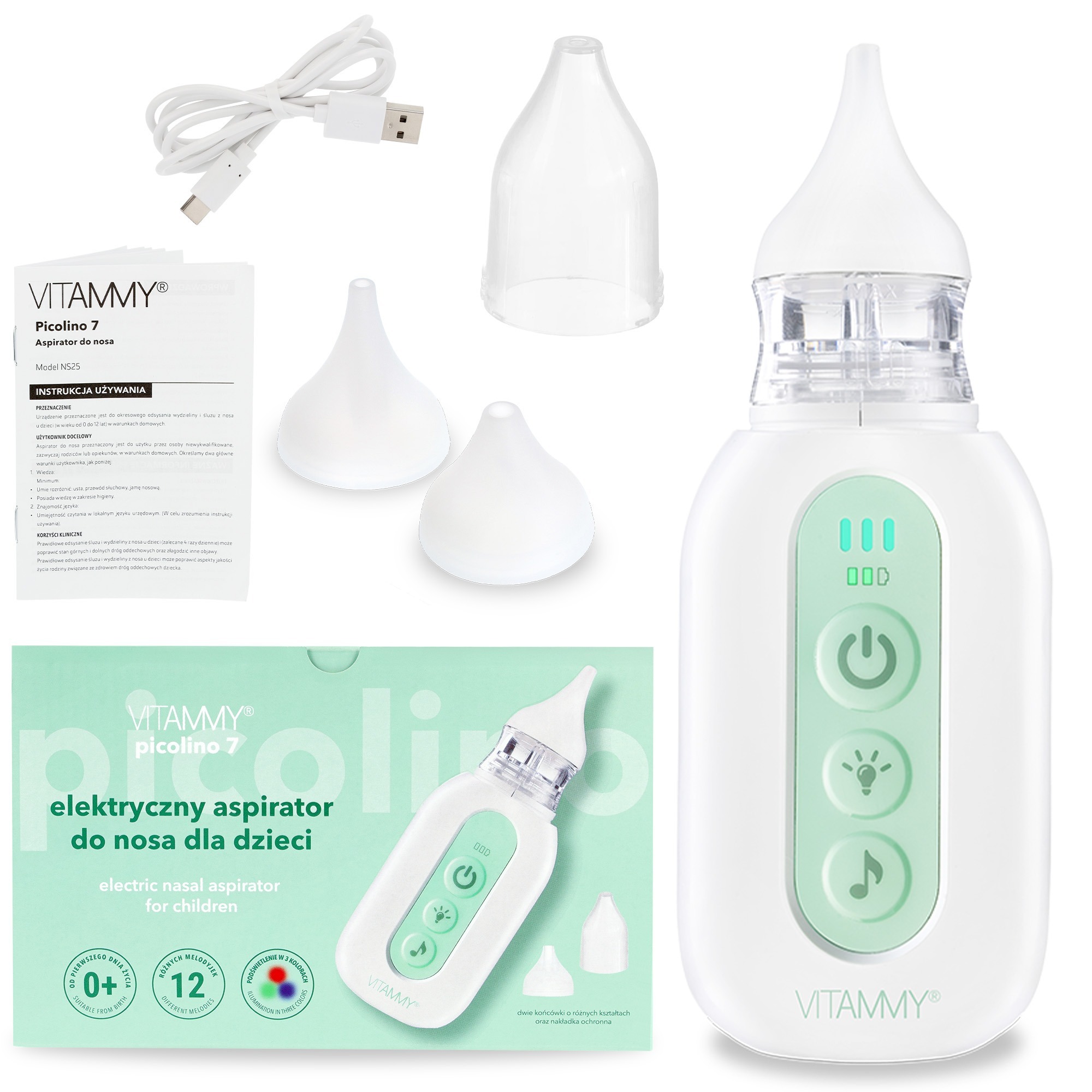 VITAMMY PICOLINO 7 Nosová elektrická odsávačka hlienov pre deti, 2 nástavce, 3 režimy