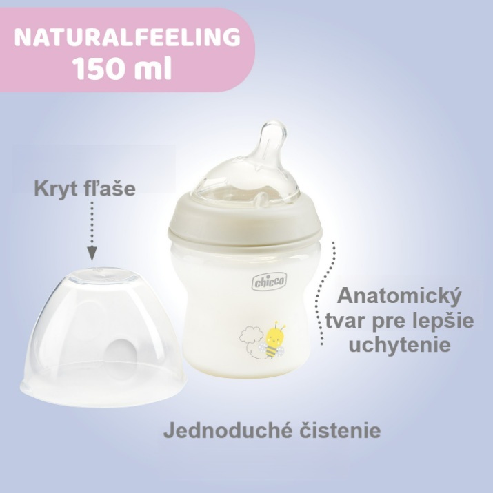 Chicco Naturalfeeling Plastová fľaša 150ml, silikónový cumel, stredný prietok 0+