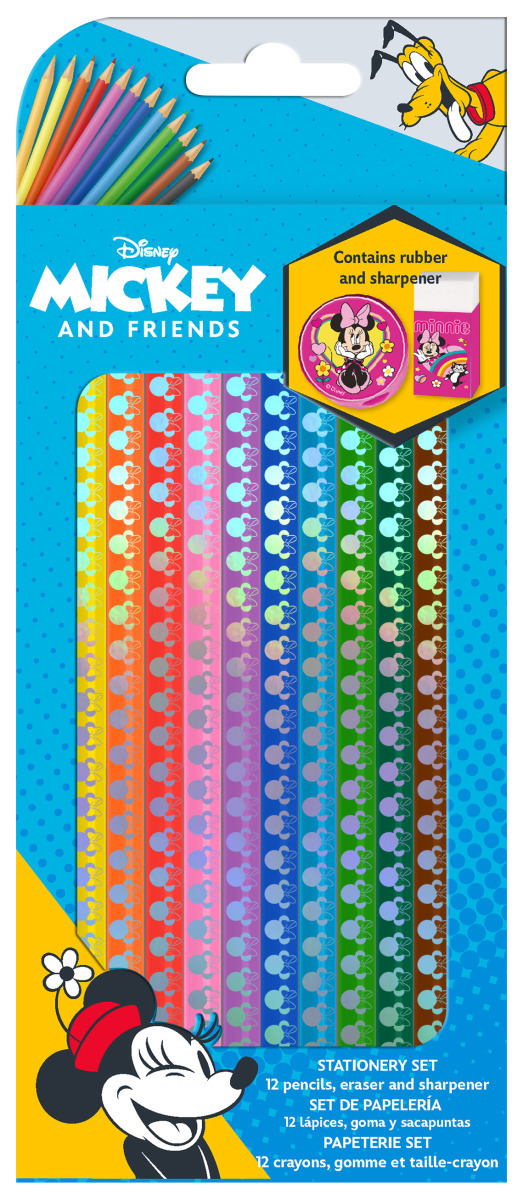 Kids Euroswan Sada 12 farebných ceruziek + strúhadlo + guma, Minnie Mouse