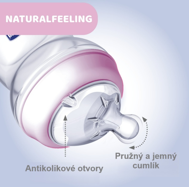 Chicco Naturalfeeling Plastová fľaša 150ml, silikónový cumel, stredný prietok 0+, ružová