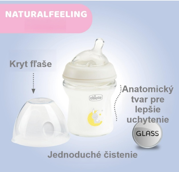 Chicco Naturalfeeling Sklenená fľaša 150ml, so silikónovým cumlíkom, pomalý prietok 0+