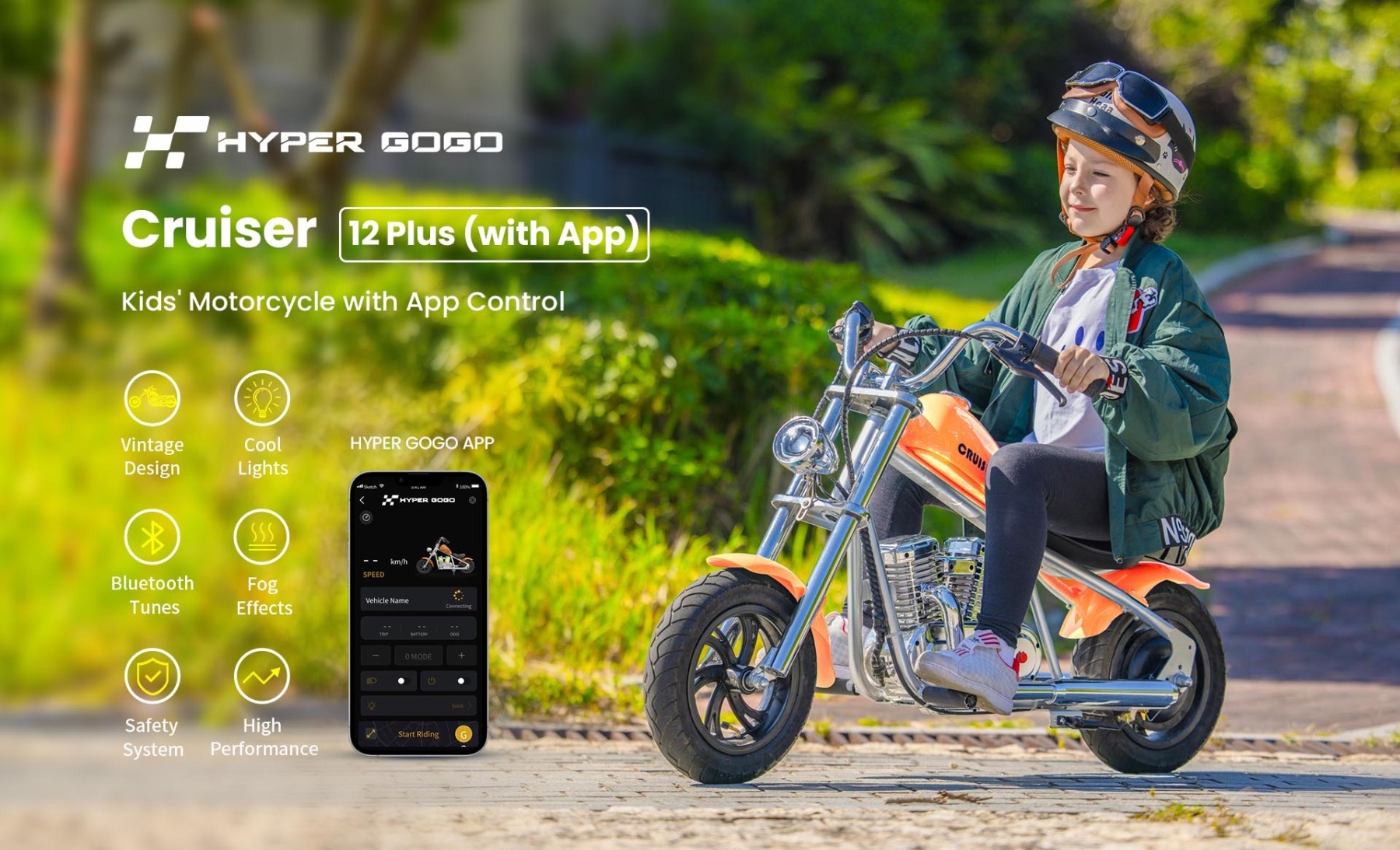 Hyper Gogo Pioneer C12 APP Detská el. motorka s aplikáciou, BT, RGB podsvietenie, oranžová