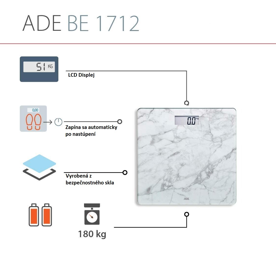 ADE BE1712 BE1711 Aurora Digitálna kúpeľňová váha z bieleho mramoru