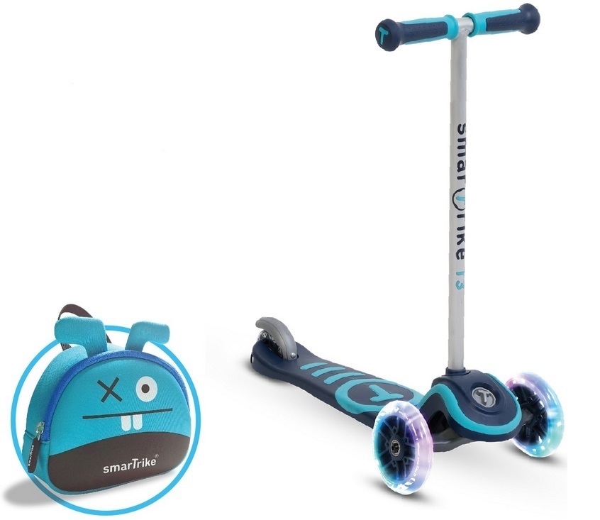 Smart Trike Scooter T3, Kolobežka so svietiacimi kolesami a ruksakom, modrá, od 2r+